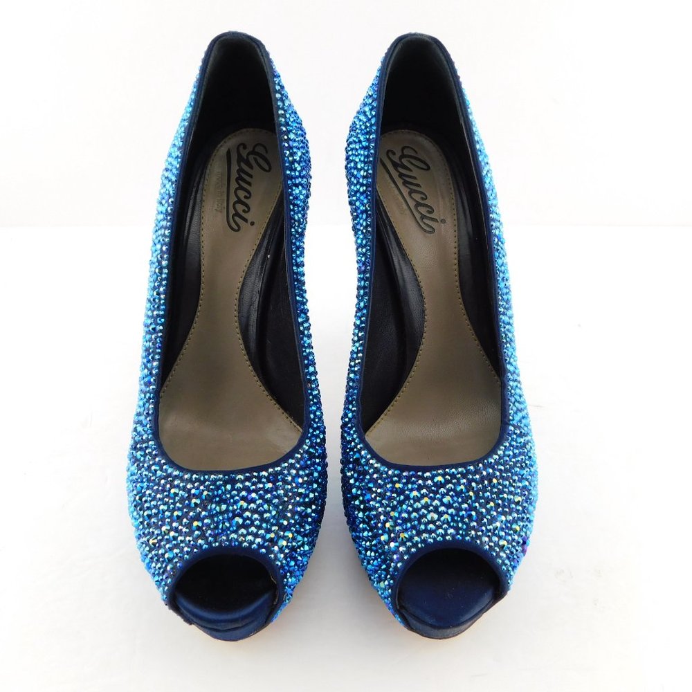 GUCCI Sparkling Swarovski Brilliant Blue Crystal Open Toe Heel Pumps 37.5